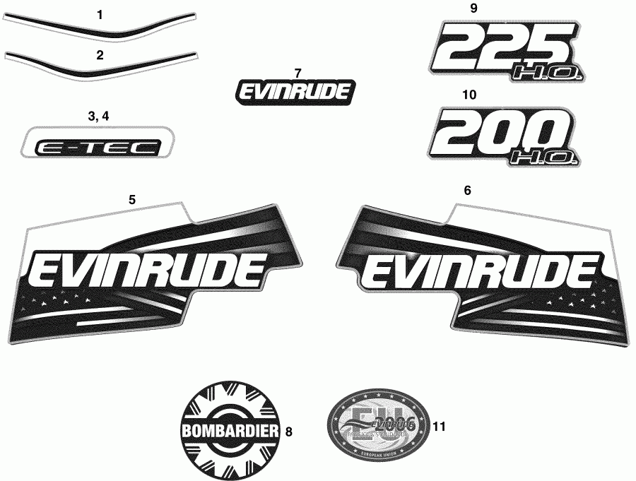 ��������� ����� EVINRUDE E200DCXSOC  - cals Hl, Hx. Models