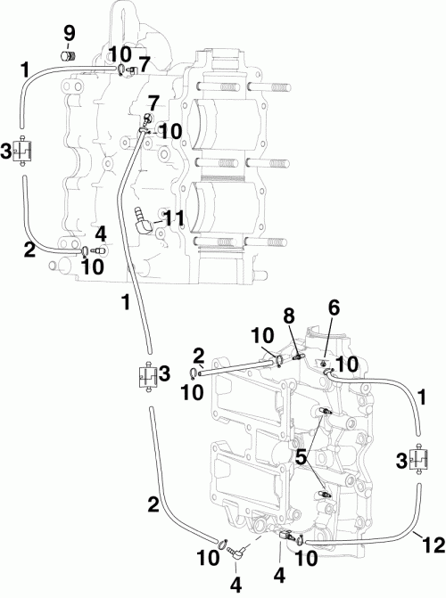 ��������� ����� Evinrude E50DPLSDA  - linder/crankcase Fittings & Oil Recirculation Hoses