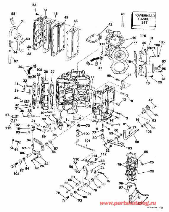 �������� ��������� ����� Evinrude SE100WMPLM 1996  - linder & Crankcase - linder & ������ ���������