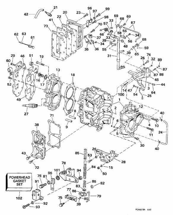 ��������� �������� ����� EVINRUDE E25TELECB 1998  - linder & Crankcase