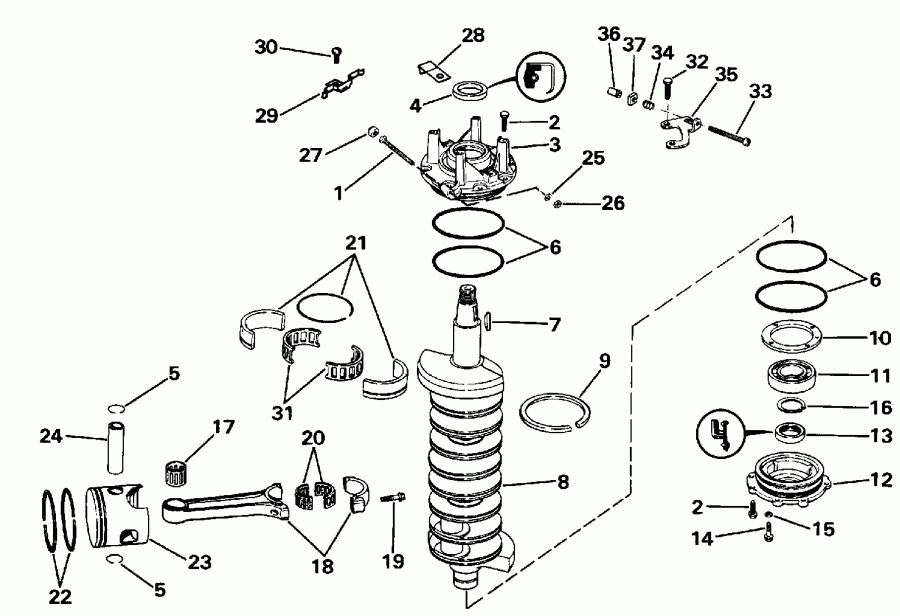 ��������� ��������� Evinrude E225TLESS 1990  - ank��� & ������� / ankshaft & Piston