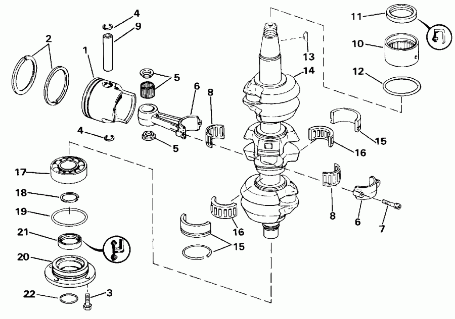 ��������� ��������� Evinrude E70TTLEND 1992  - ankshaft & Piston